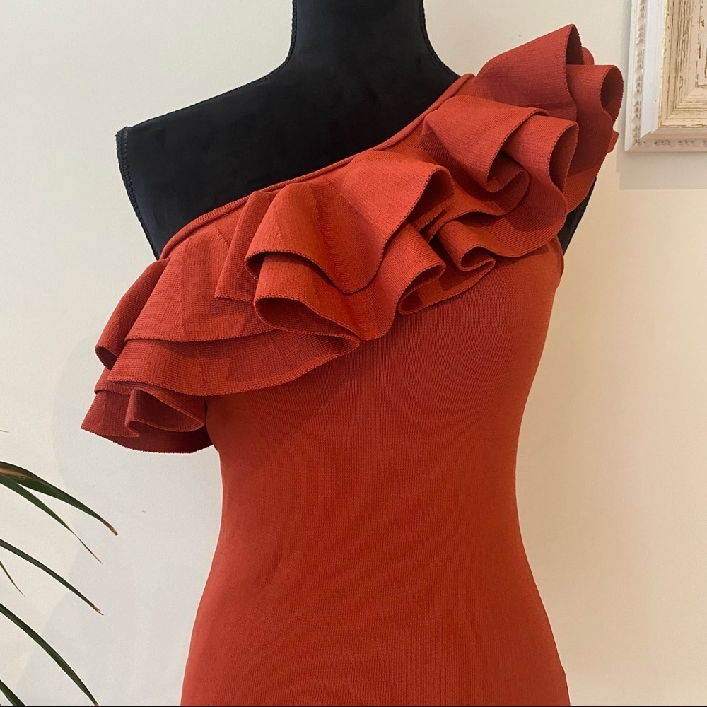 RODEO SHOW Ruffle Trim One Shoulder Viscose Rust Knit Top Blouse Stretch Size M - Picture 5 of 11